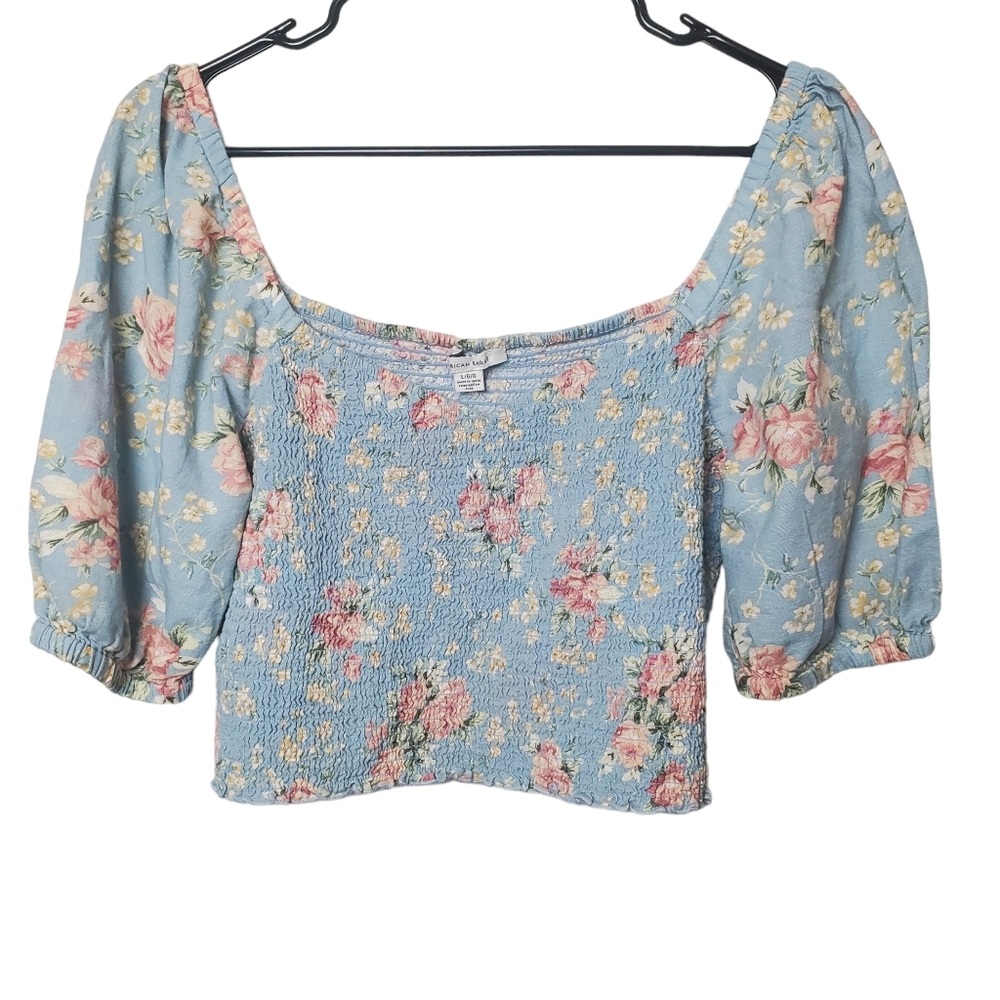 American Eagle | Smocked Crop Top | Puff Sleeve Blue Pink Floral | L
